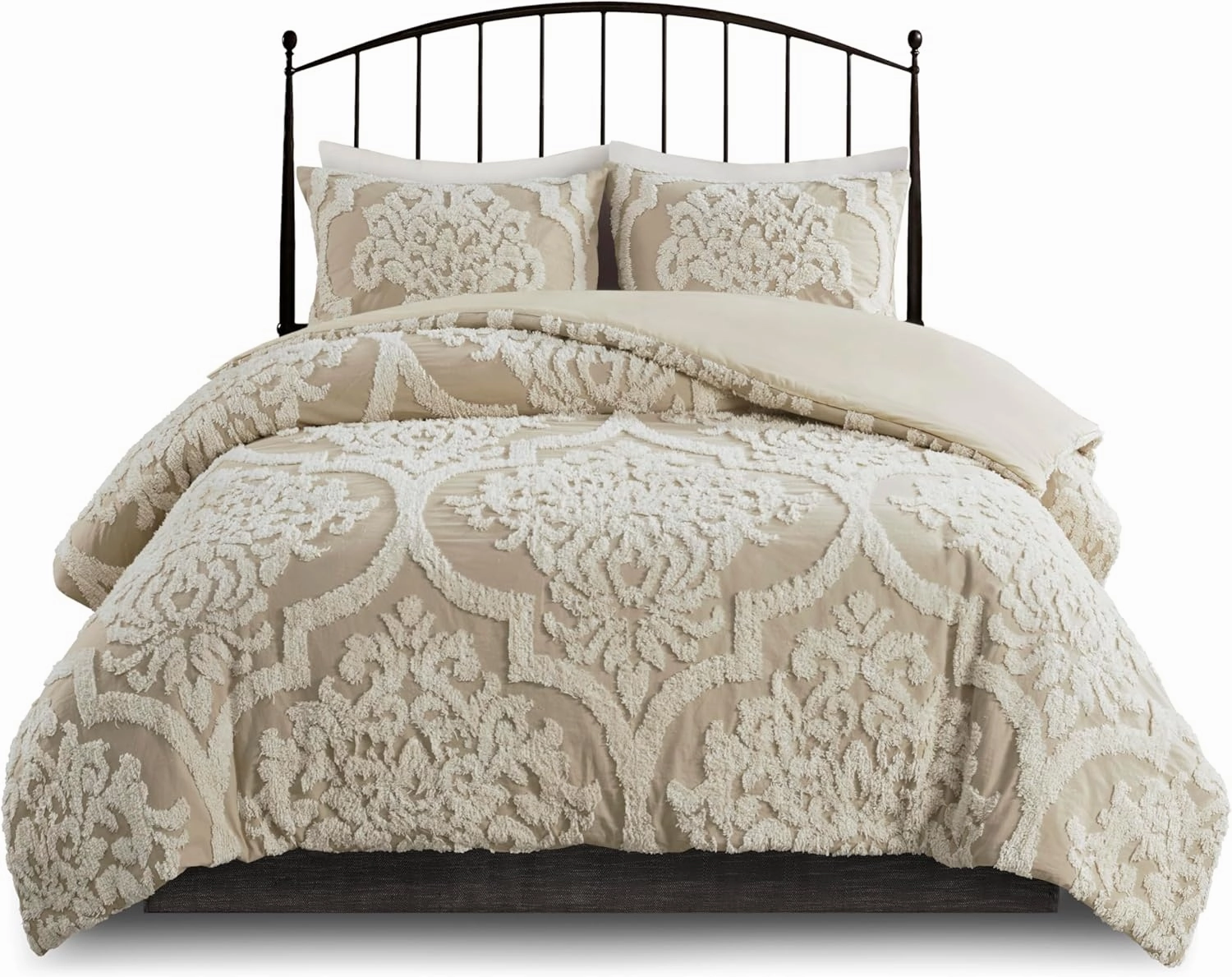 Madison Park Tufted Chenille Cotton Comforter All Season Bedding Set, Matching Shams, Full/Queen(90"x90"), Viola, Damask Taupe 3 Piece (MP10-7102)