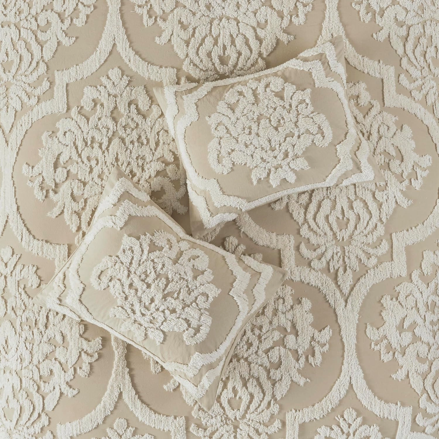 Madison Park Tufted Chenille Cotton Comforter, All Season Bedding Set, Matching Shams, Viola, Damask Taupe King/Cal King(104"x92") 3 Piece