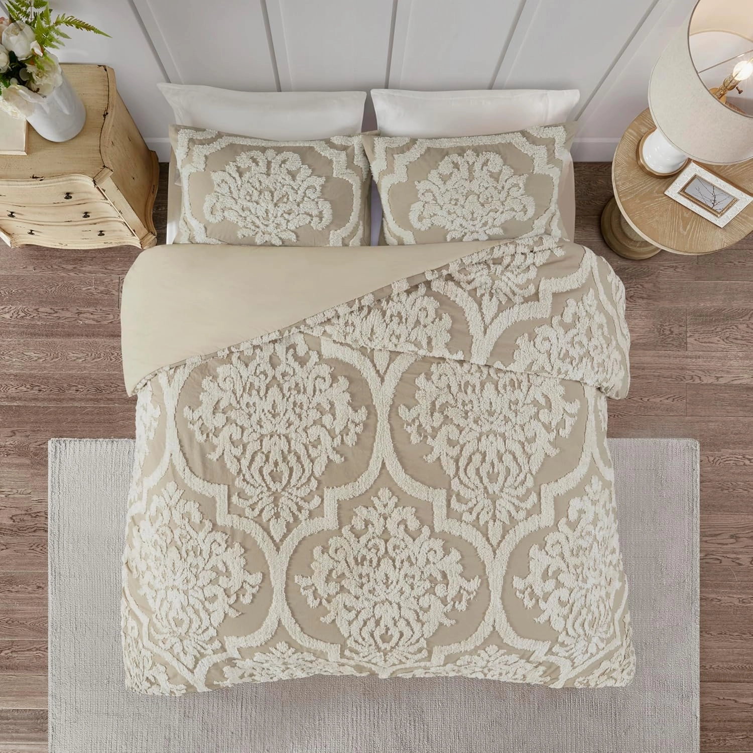 Madison Park Tufted Chenille Cotton Comforter, All Season Bedding Set, Matching Shams, Viola, Damask Taupe King/Cal King(104"x92") 3 Piece