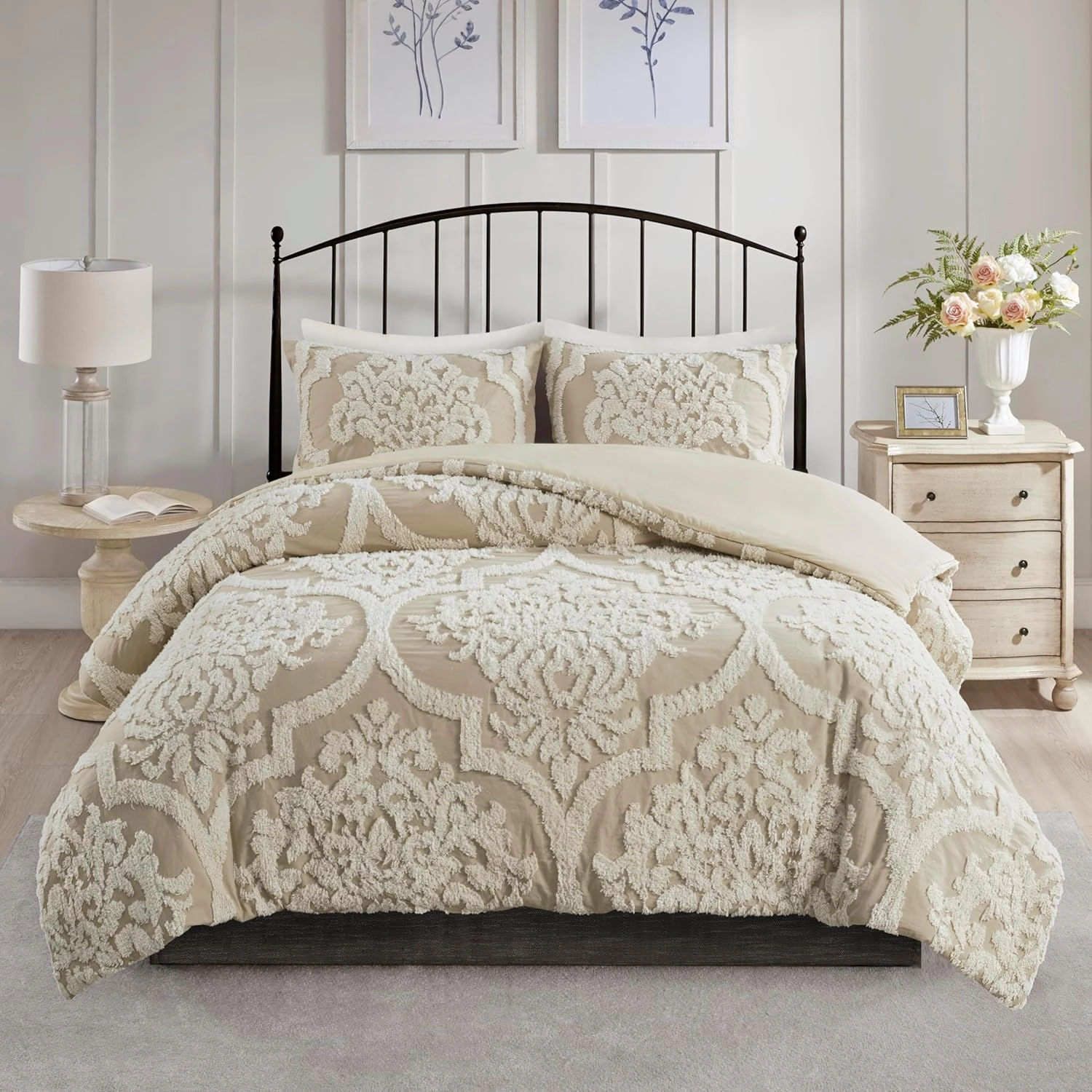 Madison Park Tufted Chenille Cotton Comforter, All Season Bedding Set, Matching Shams, Viola, Damask Taupe King/Cal King(104"x92") 3 Piece