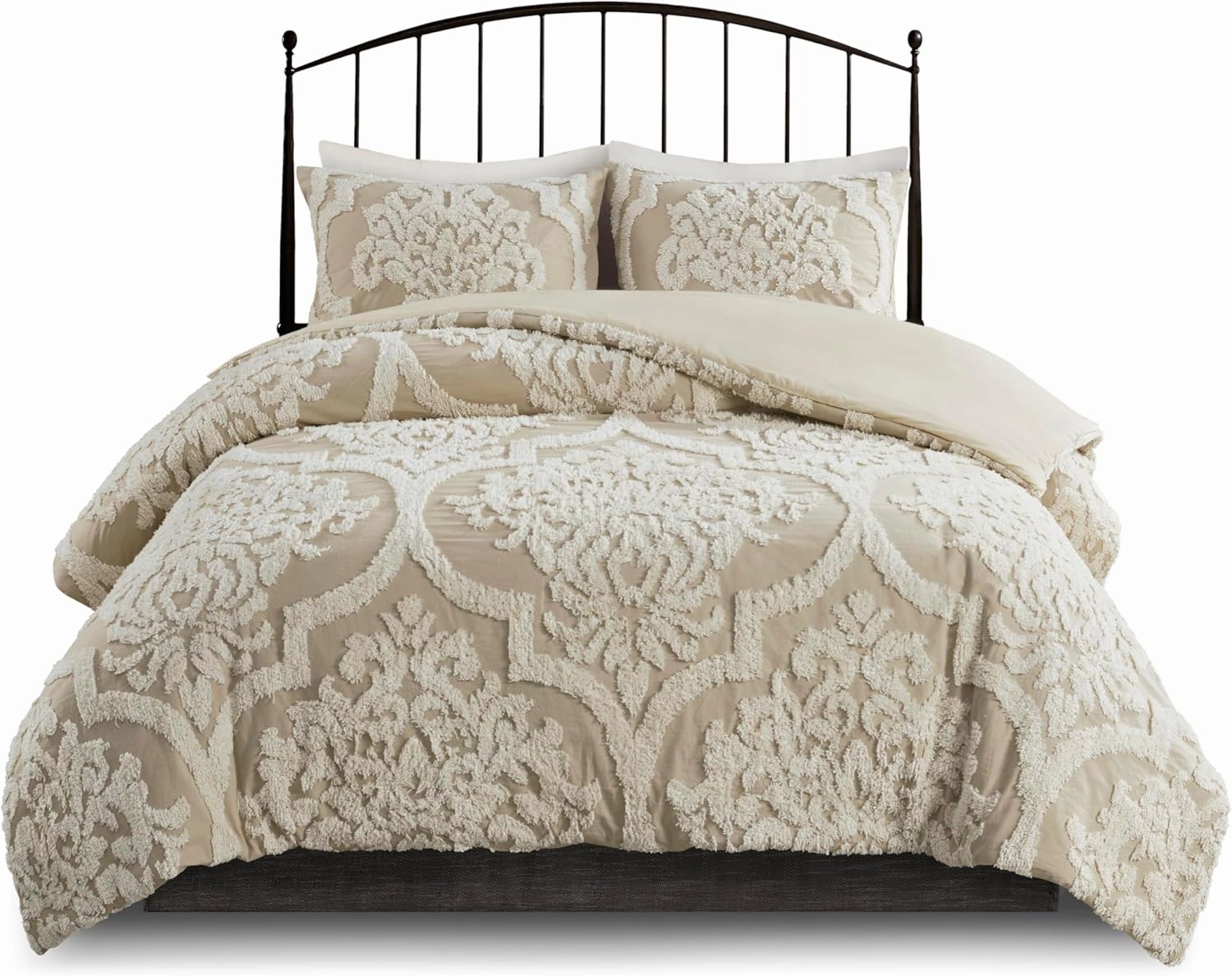Madison Park Tufted Chenille Cotton Comforter, All Season Bedding Set, Matching Shams, Viola, Damask Taupe King/Cal King(104"x92") 3 Piece