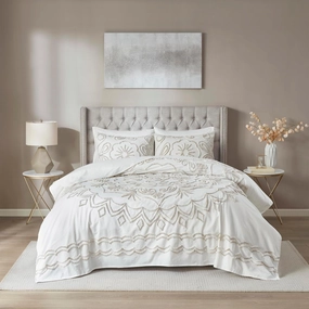 Madison Park Violette Lightweight 100% Cotton Quilt Set, Breathable Chenille Tufted, Shabby Chic Boho Medallion Design, Sham, Ivory/Taupe, Coverlet Full/Queen (90 in x 90 in) 3 Piece