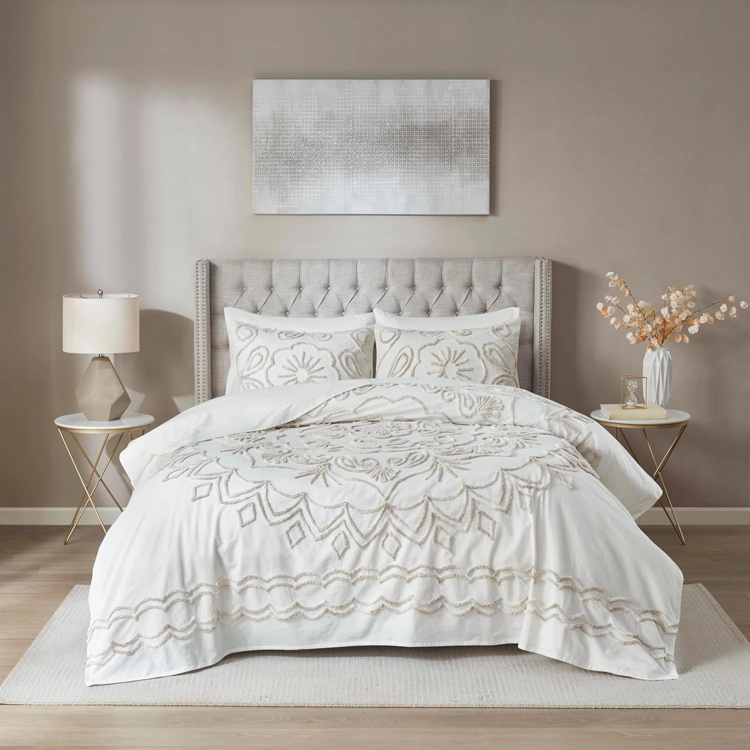 Madison Park Violette Lightweight 100% Cotton Quilt Set, Breathable Chenille Tufted, Shabby Chic Boho Medallion Design, Sham, Ivory/Taupe, Coverlet Full/Queen (90 in x 90 in) 3 Piece