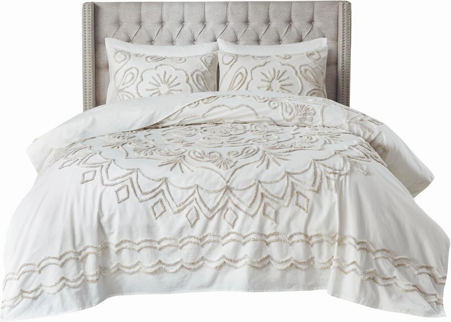 Madison Park Violette Lightweight 100% Cotton Quilt Set, Breathable Chenille Tufted, Shabby Chic Boho Medallion Design, Sham, Ivory/Taupe, Coverlet Full/Queen (90 in x 90 in) 3 Piece