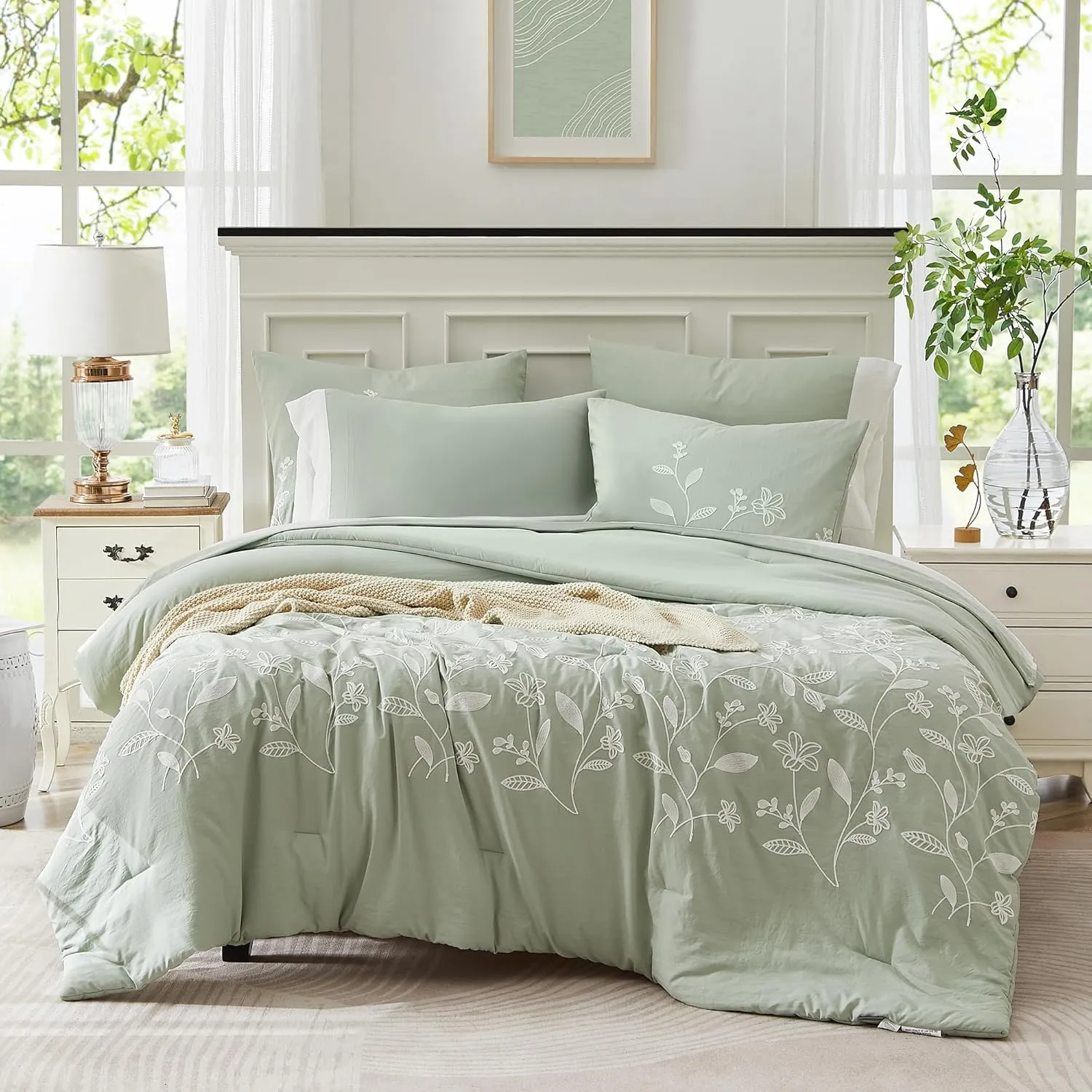MaiRêve Green Embroidery Comforter Set King Size with Sheets 7 Pieces, Floral Farmhouse King Size Bedding Set, All Season Bedding Set with Comforters, Sheets, Pillowcases & Shams, Bed in A Bag King
