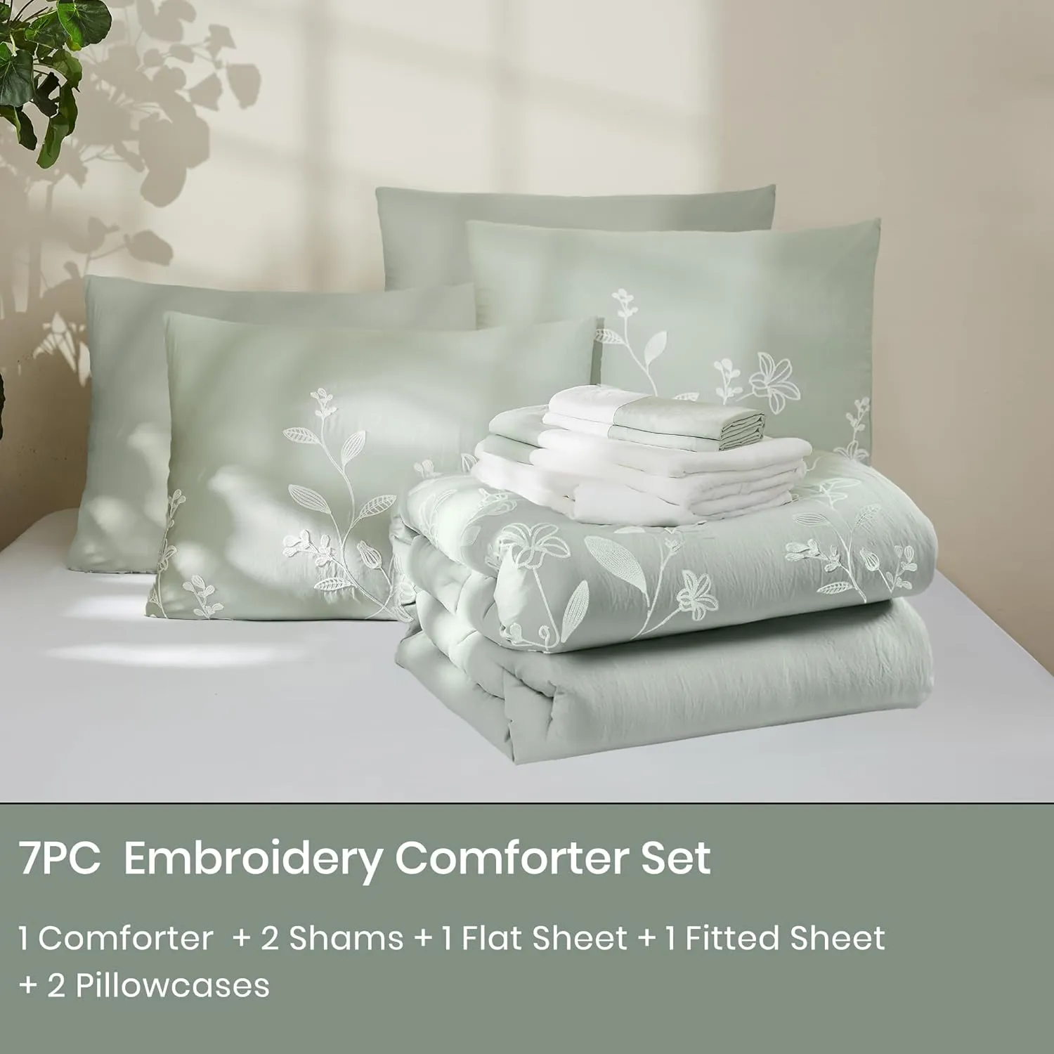MaiRêve Green Embroidery Comforter Set King Size with Sheets 7 Pieces, Floral Farmhouse King Size Bedding Set, All Season Bedding Set with Comforters, Sheets, Pillowcases & Shams, Bed in A Bag King