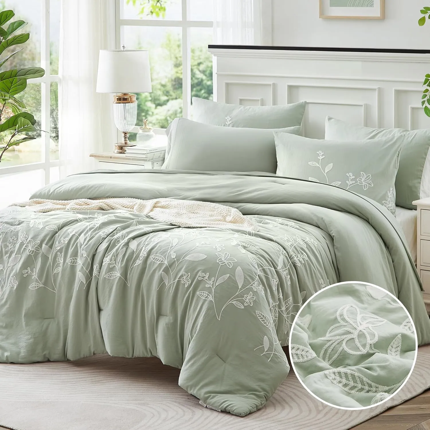 MaiRêve Green Embroidery Comforter Set King Size with Sheets 7 Pieces, Floral Farmhouse King Size Bedding Set, All Season Bedding Set with Comforters, Sheets, Pillowcases & Shams, Bed in A Bag King