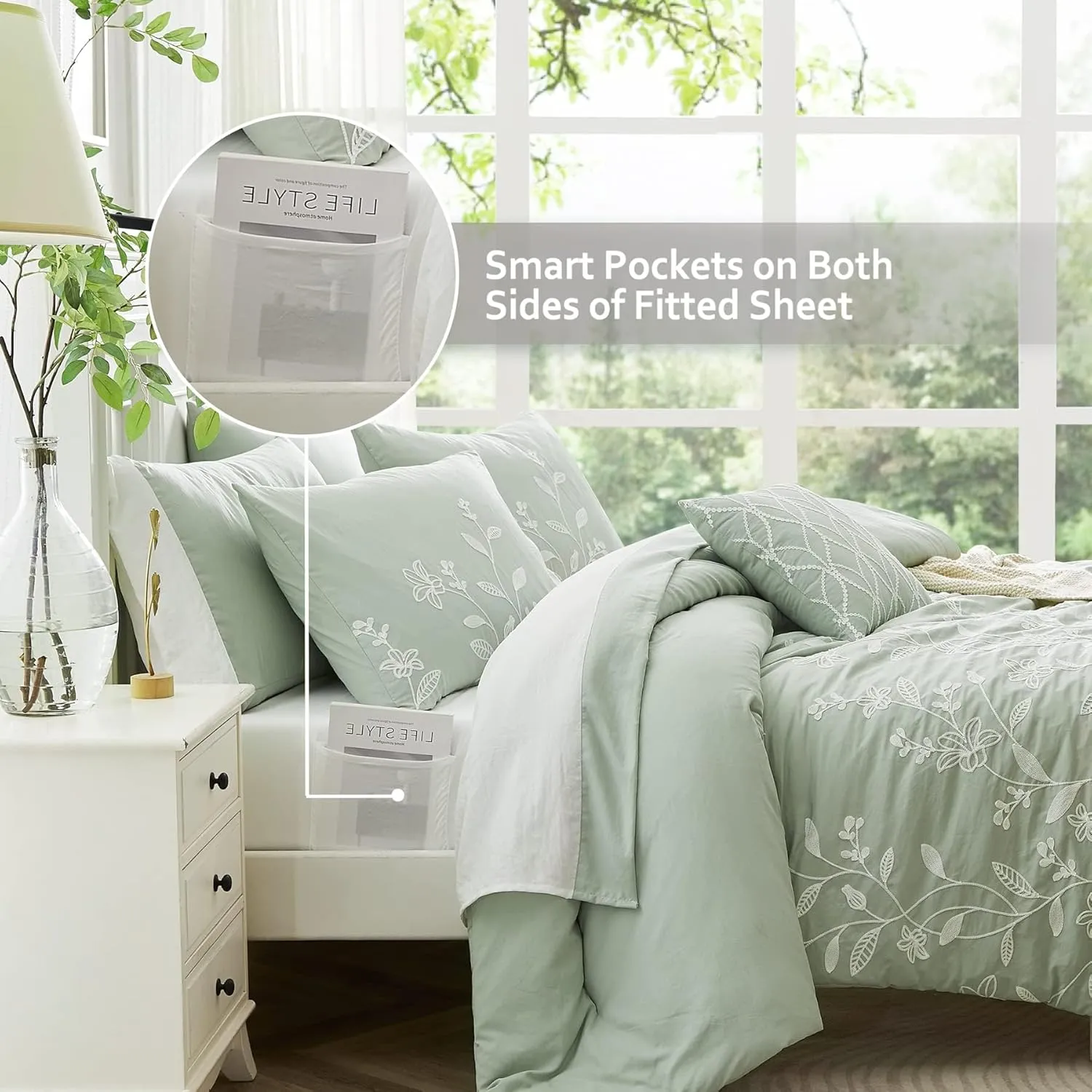 MaiRêve Green Embroidery Comforter Set King Size with Sheets 7 Pieces, Floral Farmhouse King Size Bedding Set, All Season Bedding Set with Comforters, Sheets, Pillowcases & Shams, Bed in A Bag King