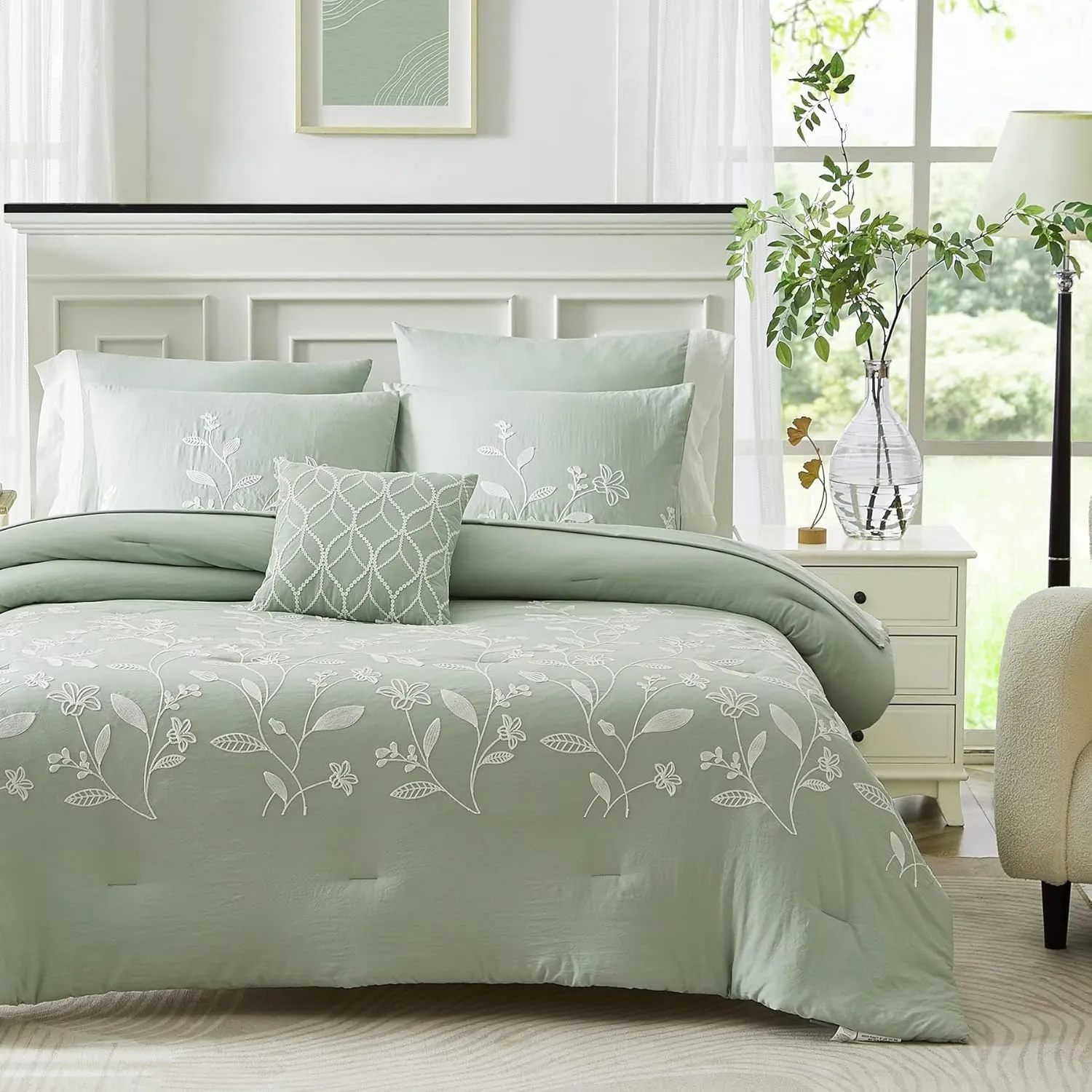 MaiRêve Green Embroidery Comforter Set King Size with Sheets 7 Pieces, Floral Farmhouse King Size Bedding Set, All Season Bedding Set with Comforters, Sheets, Pillowcases & Shams, Bed in A Bag King