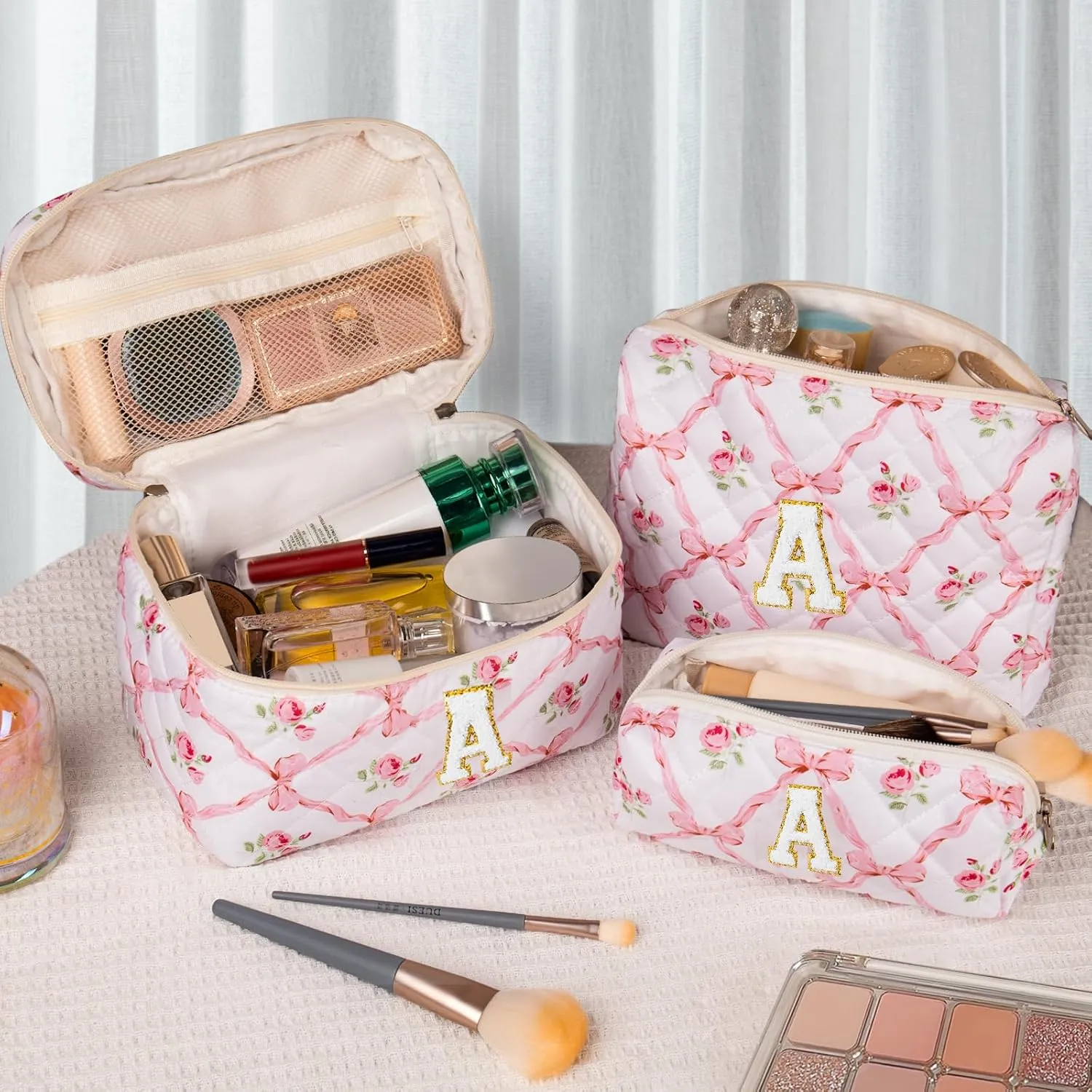 Makeup Bag, Quilted Cosmetic Bag, Large Floral Make Up Bag for Women Girls, Cute Big Cotton Makeup Bag Set, Flower Travel Toiletry Organizer Bag A