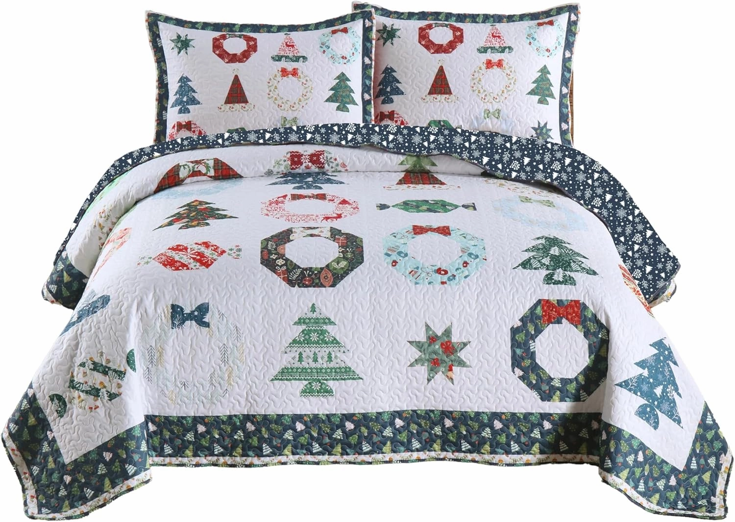 MarCielo 3 Piece Christmas Quilt Set, Rustic Lodge Deer Quilt Bedspread Throw Blanket Lightweight Bedspread Coverlet Comforter Set (Blue Candy, King)