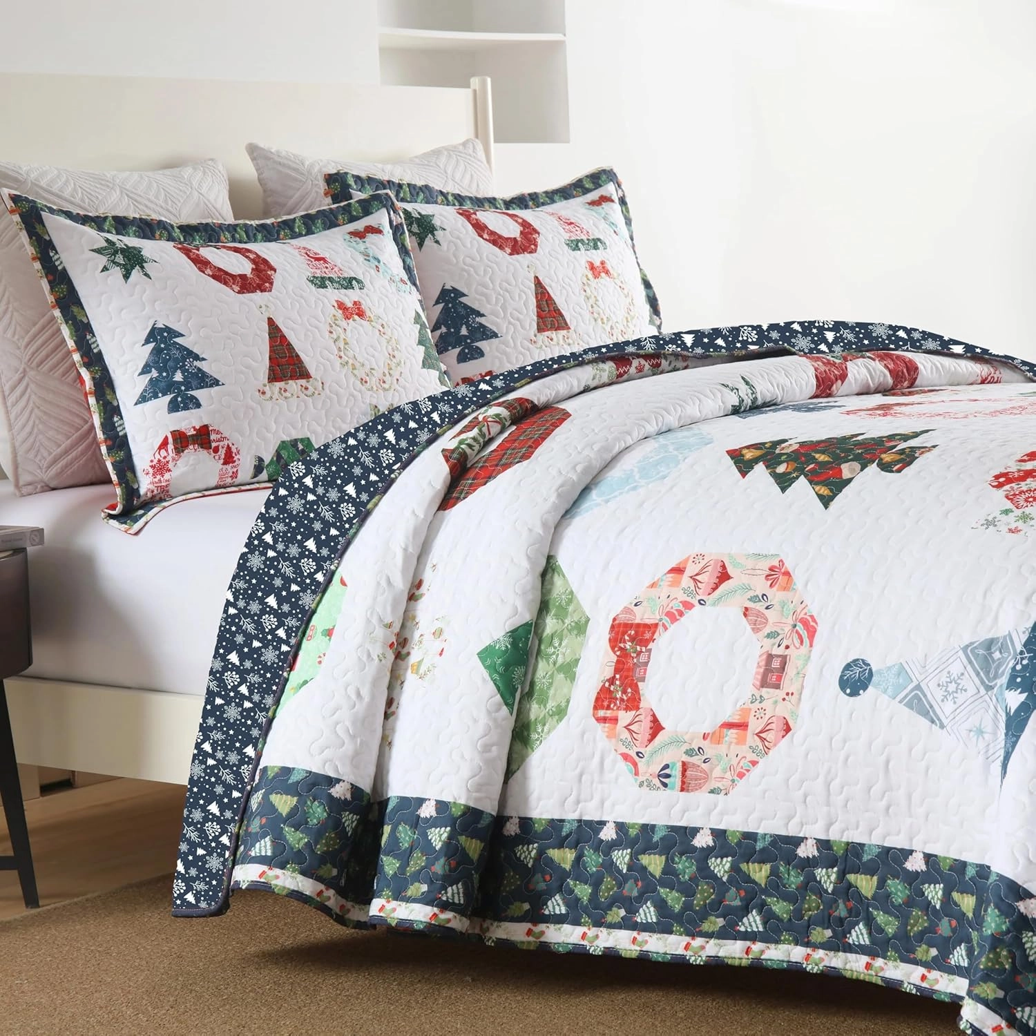 MarCielo 3 Piece Christmas Quilt Set, Rustic Lodge Deer Quilt Bedspread Throw Blanket Lightweight Bedspread Coverlet Comforter Set (Blue Candy, King)