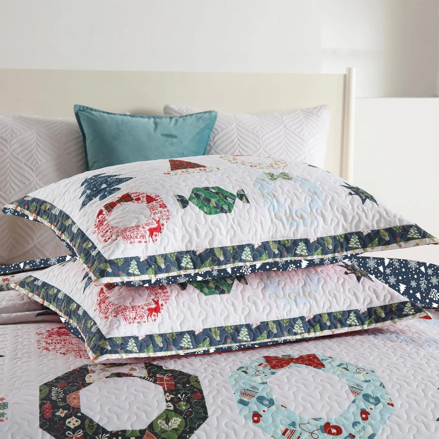 MarCielo 3 Piece Christmas Quilt Set, Rustic Lodge Deer Quilt Bedspread Throw Blanket Lightweight Bedspread Coverlet Comforter Set (Blue Candy, King)