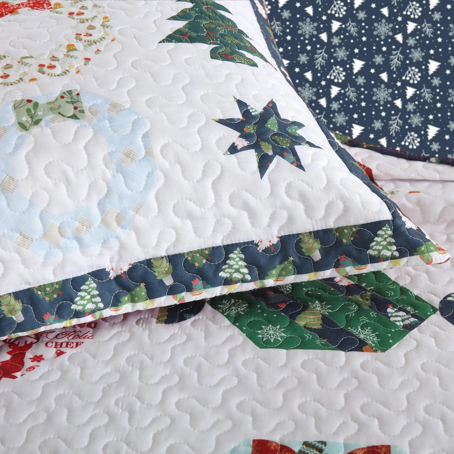 MarCielo 3 Piece Christmas Quilt Set, Rustic Lodge Deer Quilt Bedspread Throw Blanket Lightweight Bedspread Coverlet Comforter Set (Blue Candy, King)
