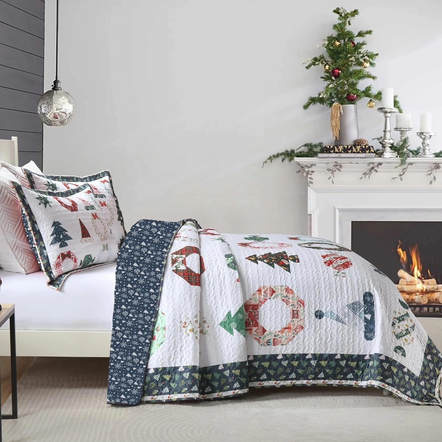 MarCielo 3 Piece Christmas Quilt Set, Rustic Lodge Deer Quilt Bedspread Throw Blanket Lightweight Bedspread Coverlet Comforter Set (Blue Candy, King)
