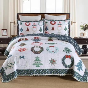 MarCielo 3 Piece Christmas Quilt Set, Rustic Lodge Deer Quilt Bedspread Throw Blanket Lightweight Bedspread Coverlet Comforter Set (Blue Candy, King)