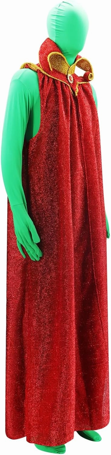 Martian Costume Mens Green Alien Cosplay Bodysuit with Cloak Full Body Greenman Suit for Adult Halloween Fancy Dress