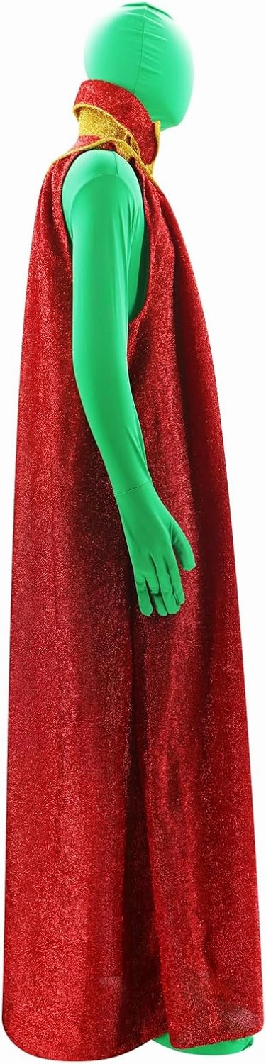 Martian Costume Mens Green Alien Cosplay Bodysuit with Cloak Full Body Greenman Suit for Adult Halloween Fancy Dress