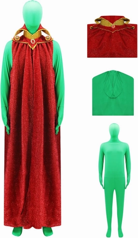Martian Costume Mens Green Alien Cosplay Bodysuit with Cloak Full Body Greenman Suit for Adult Halloween Fancy Dress