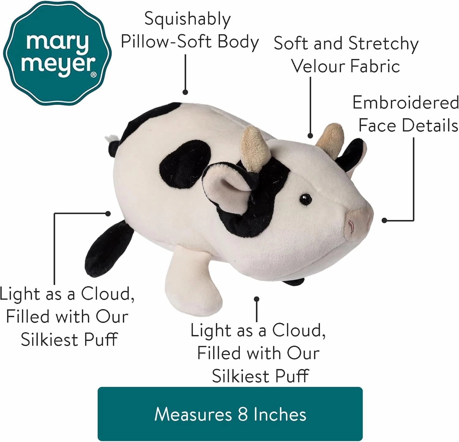Mary Meyer Stuffed Animal Smootheez Pillow-Soft Toy, 8-Inches, Cow