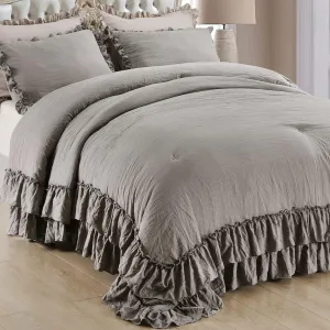Masaca Grey Shabby Comforter Set Queen,Farmhouse Rustic Microfiber Bedding Ruffled Comforter Set,Vintage Gray Ruffle Comforter for Queen Bed Fluffy Aesthetic Bedding 3 Pieces