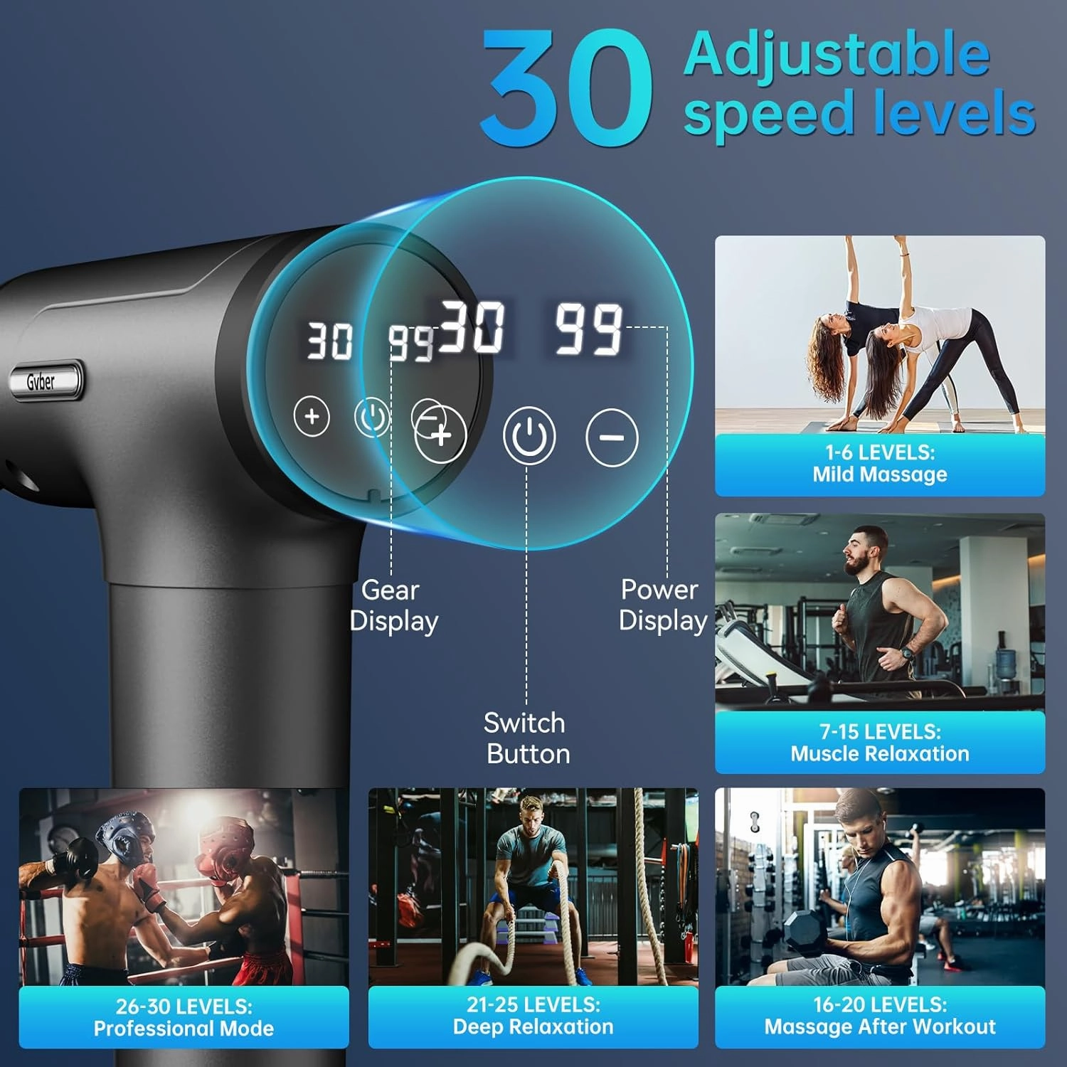 Massage Gun, Massage Gun Deep Tissue, Handheld Back Massager for Athletes, Percussion Muscle Massager with 6 Attachments & 30 Speed (Grey)