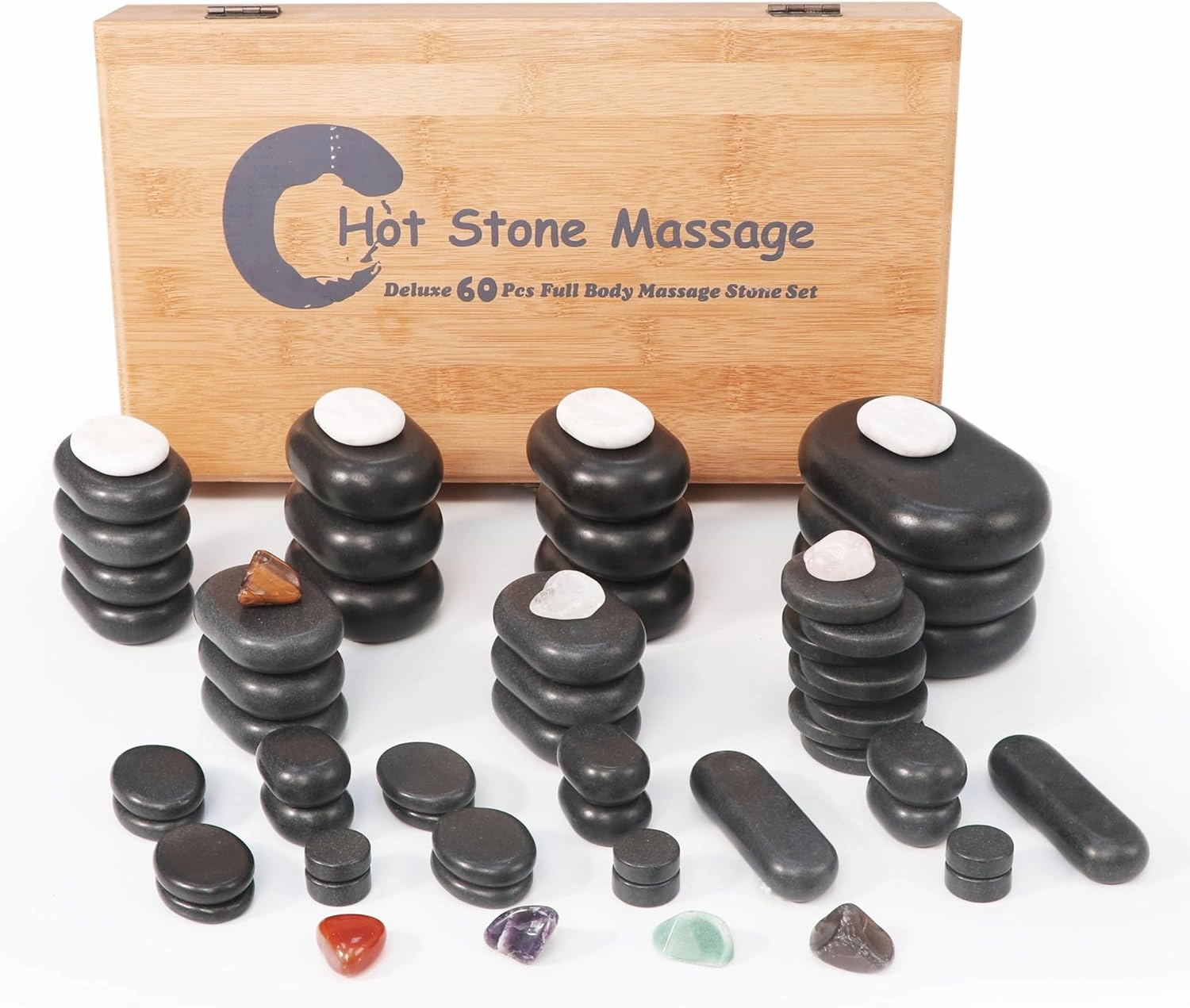 Master Massage 60-Piece Deluxe Hot Stone Set Including Basalt Volcano Rocks, Marble Cold Stones, and Chakra Balancing Tools - Ultimate All-in-One Package Kit for Hot Stone Massage Therapy