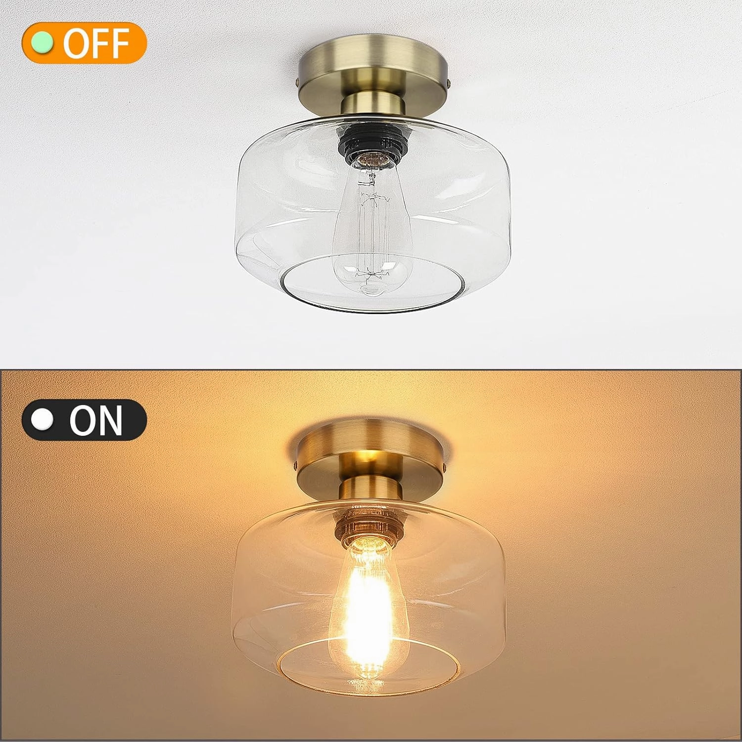 MAXvolador Industrial Semi Flush Mount Ceiling Light Brass, Clear Glass Pendant Lamp Shade, Farmhouse Lighting Hallway, Vintage Hanging Light Fixture