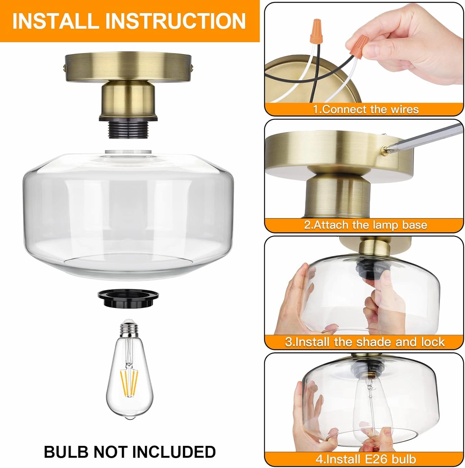 MAXvolador Industrial Semi Flush Mount Ceiling Light Brass, Clear Glass Pendant Lamp Shade, Farmhouse Lighting Hallway, Vintage Hanging Light Fixture