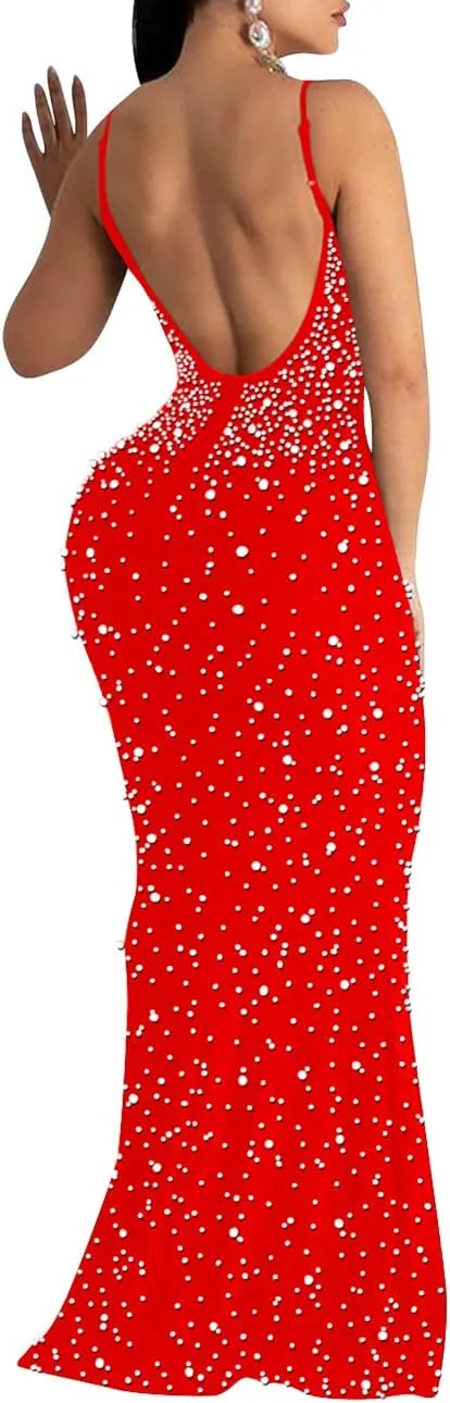 MAYFASEY Women's Sexy Elegant Rhinestone Hot Drilling Process Bodycon Dress Party Club Night Out Dress Long Evening Dresses