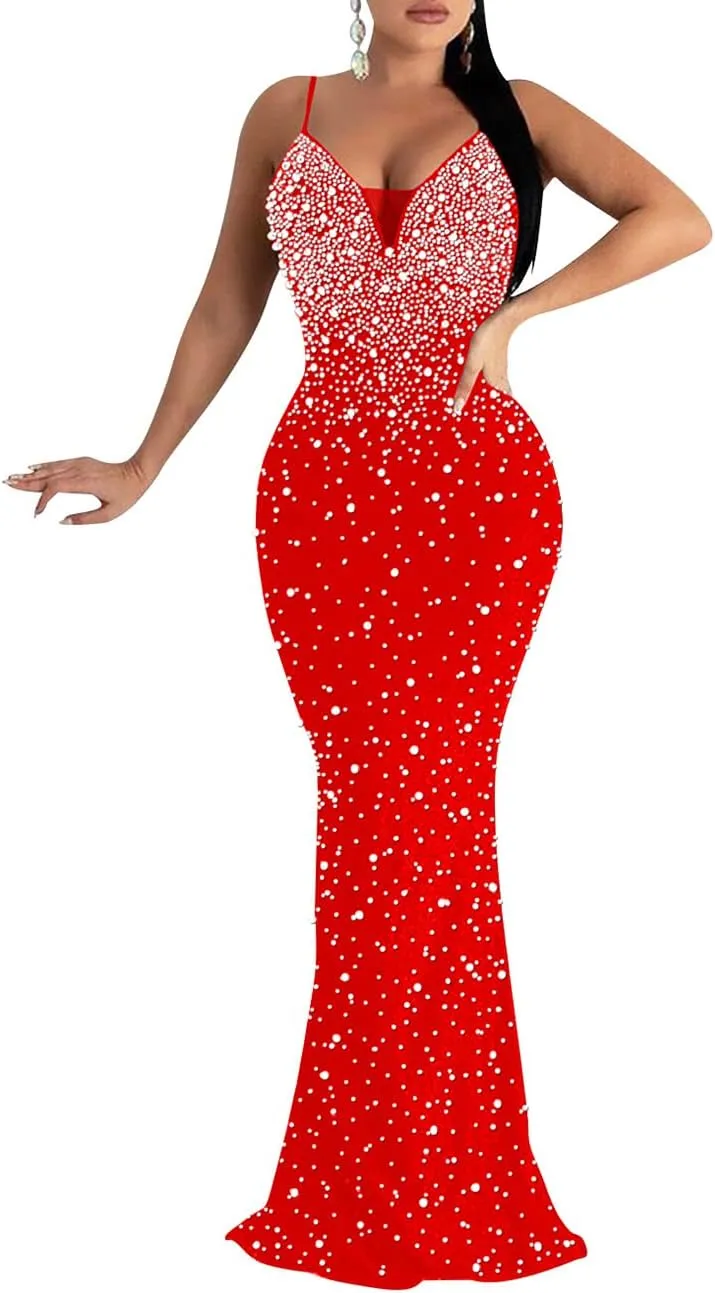 MAYFASEY Women's Sexy Elegant Rhinestone Hot Drilling Process Bodycon Dress Party Club Night Out Dress Long Evening Dresses