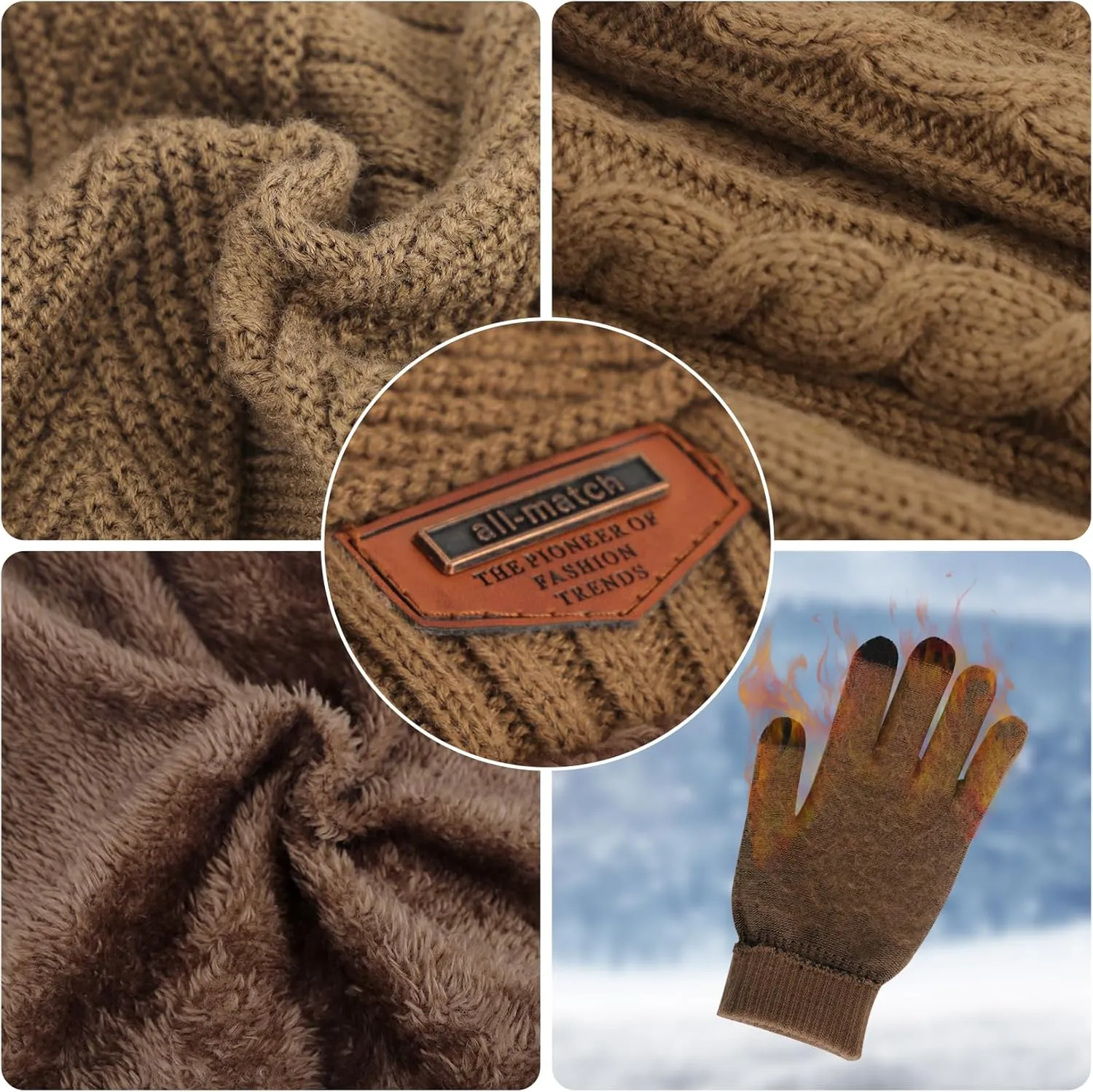 MAYLISACC Winter Knit Beanie Hat Neck Warmer Scarf and Touch Screen Gloves Set 3 Pcs Fleece Lined Skull Cap for Men Women