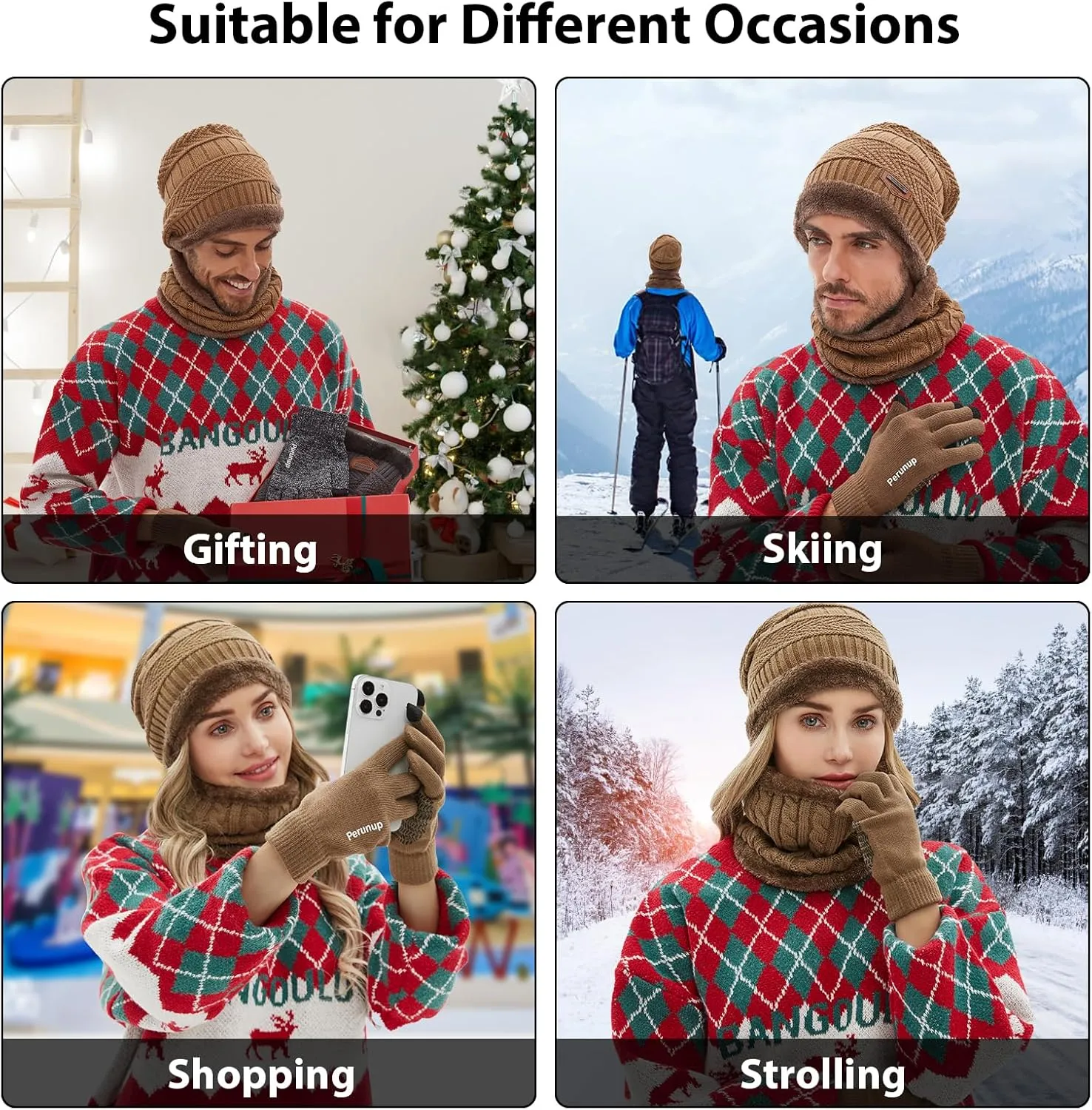 MAYLISACC Winter Knit Beanie Hat Neck Warmer Scarf and Touch Screen Gloves Set 3 Pcs Fleece Lined Skull Cap for Men Women