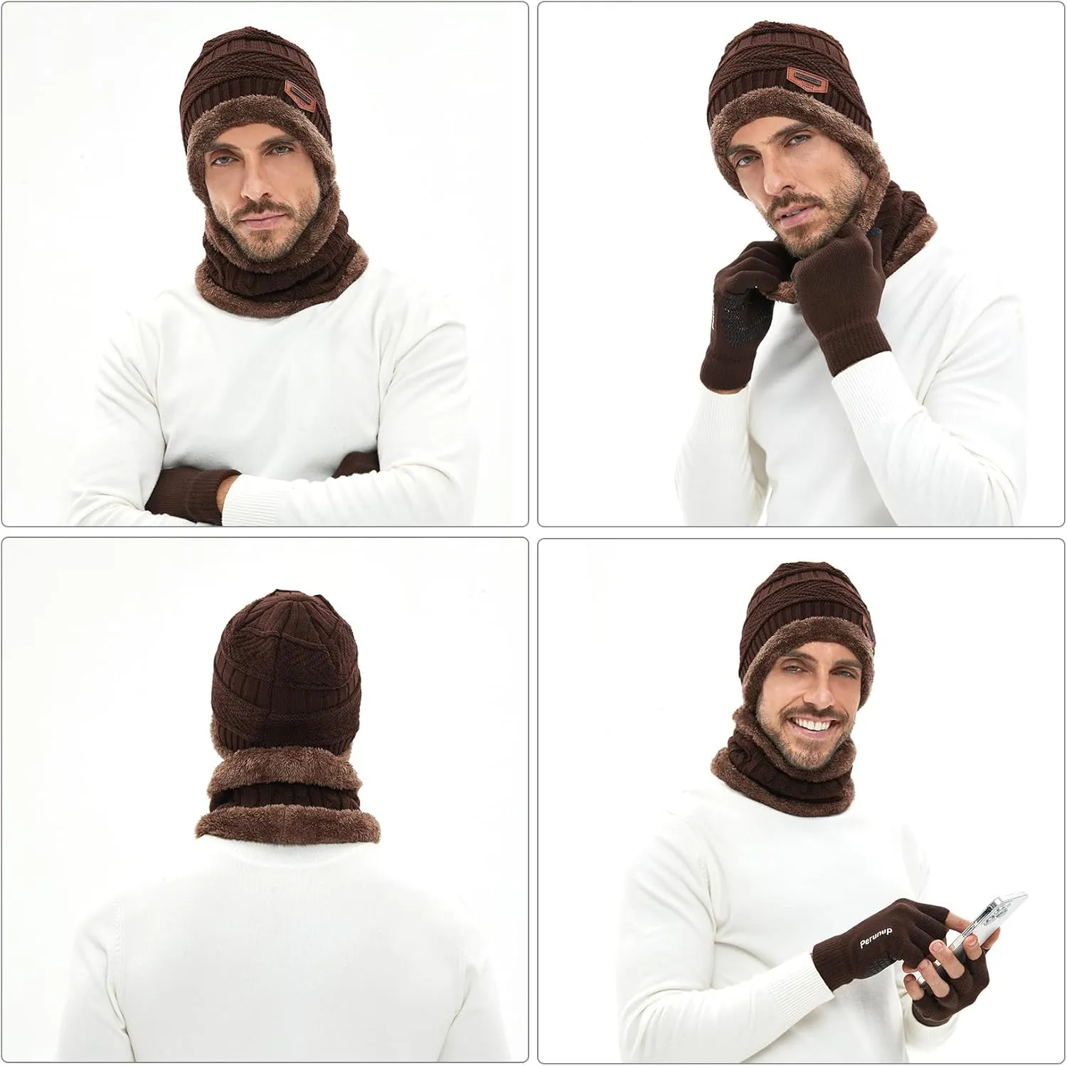 MAYLISACC Winter Knit Beanie Hat Neck Warmer Scarf and Touch Screen Gloves Set 3 Pcs Fleece Lined Skull Cap for Men Women