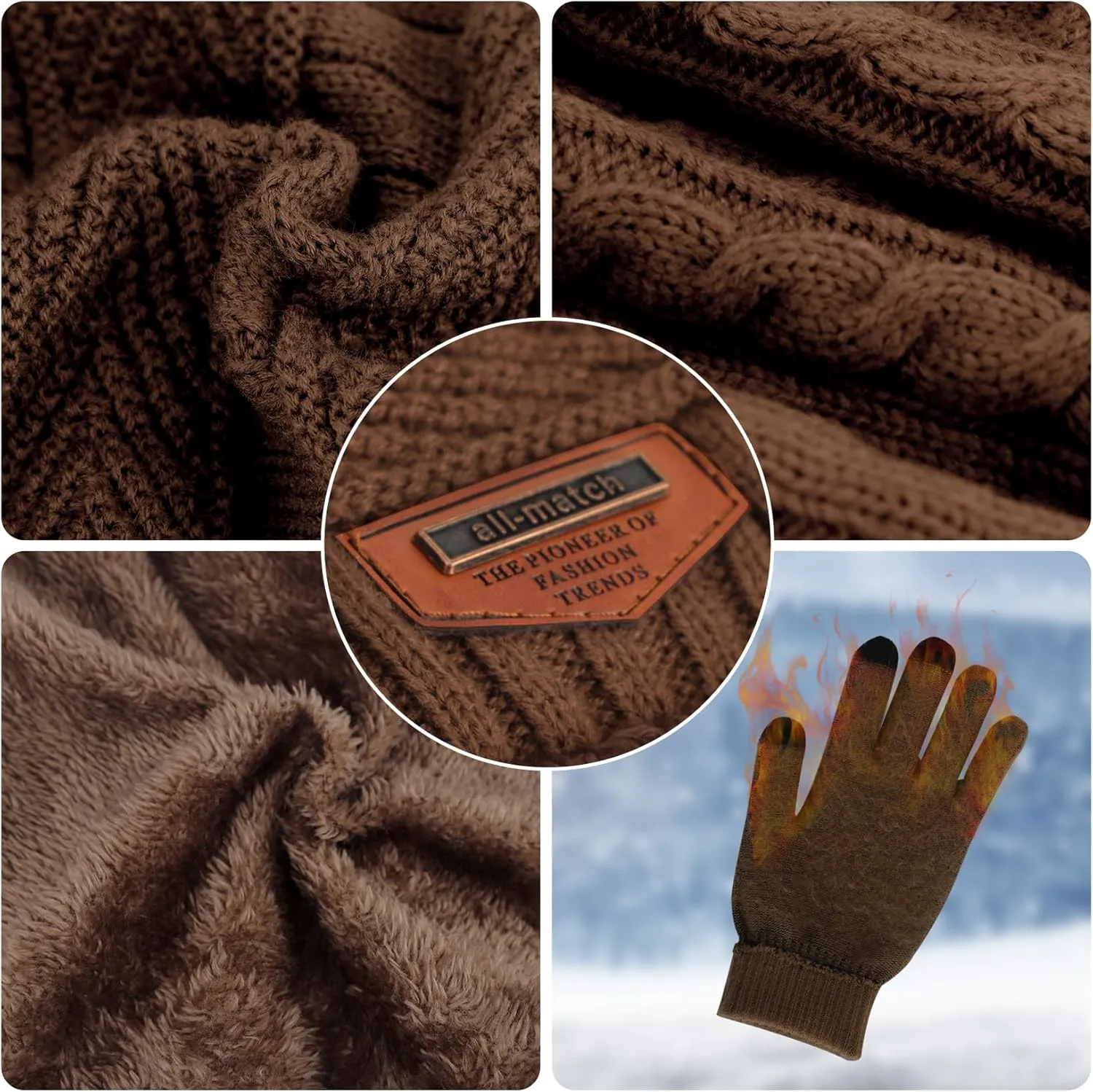 MAYLISACC Winter Knit Beanie Hat Neck Warmer Scarf and Touch Screen Gloves Set 3 Pcs Fleece Lined Skull Cap for Men Women