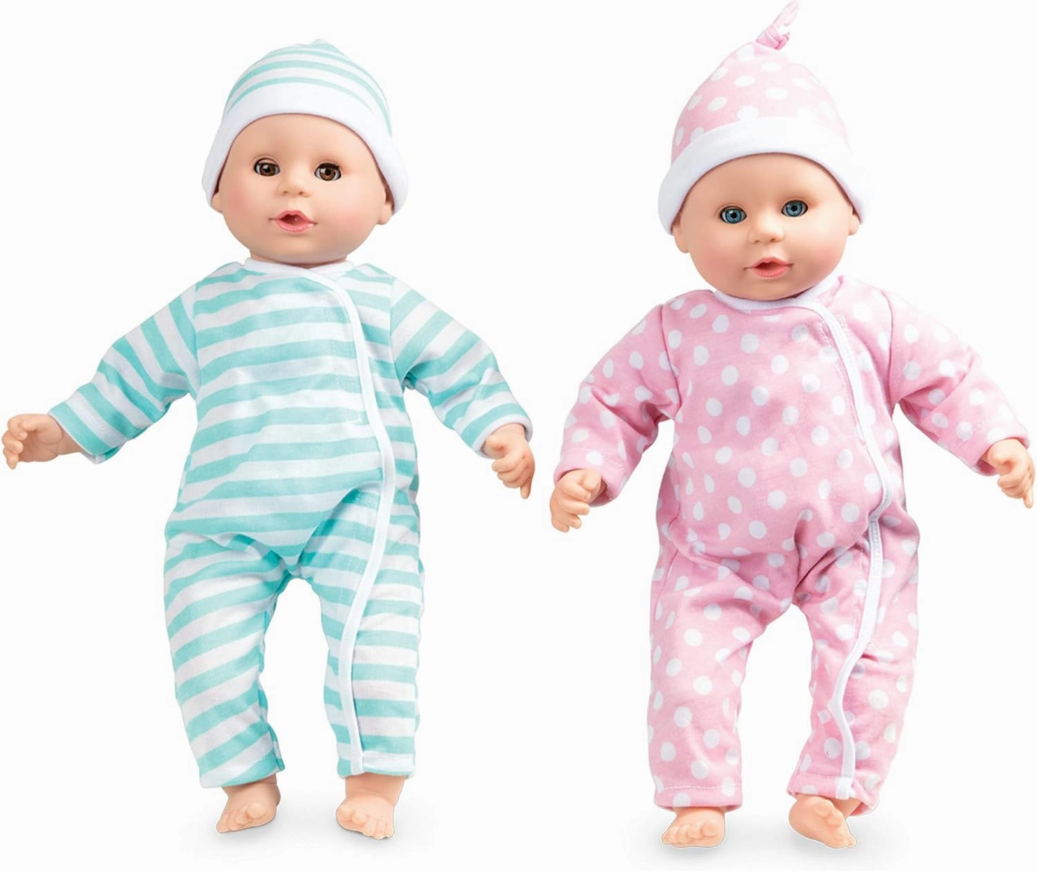 Melissa & Doug Mine to Love Twins Luke & Lucy 15” Light Skin-Tone Boy and Girl Baby Dolls with Rompers, Caps, Pacifiers