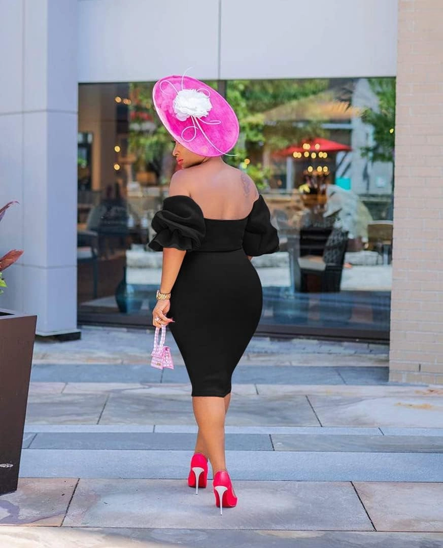 Memoriesea Women's Sexy Off Shoulder Bodycon Lantern Sleeve Front Hook Midi Party Dress
