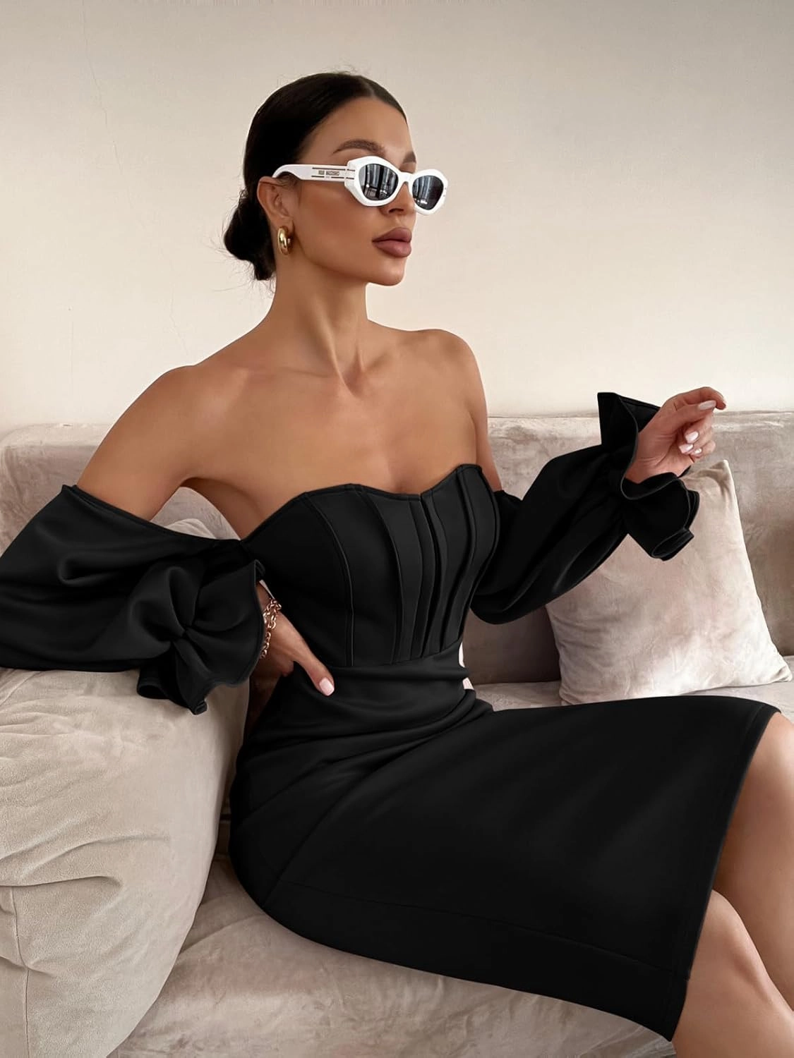 Memoriesea Women's Sexy Off Shoulder Bodycon Lantern Sleeve Front Hook Midi Party Dress