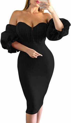 Memoriesea Women's Sexy Off Shoulder Bodycon Lantern Sleeve Front Hook Midi Party Dress