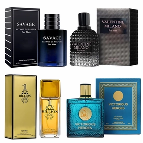 Men's Cologne Gift Set 4PCS Combo Include Valentine Milano,1 Billion,Savage Extrail & Victorious Heroes- 3.4 Fl Oz Each | Vanilla, Leather & Amber Floral Long Lasting Fragrance
