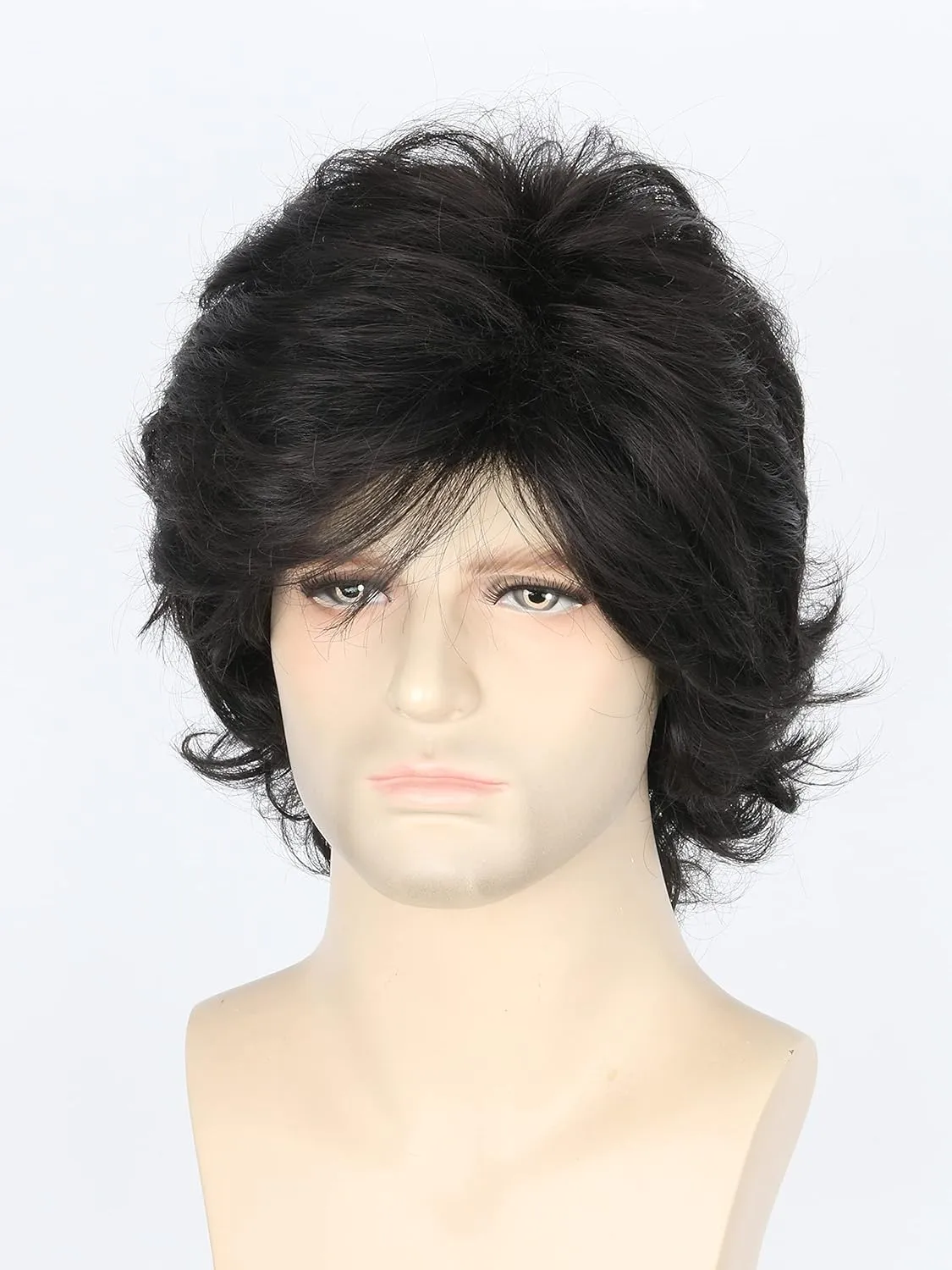 Men's Wigs 70s Wigs for Men Black Short Wavy Fluffy Wig Halloween Costume Wig