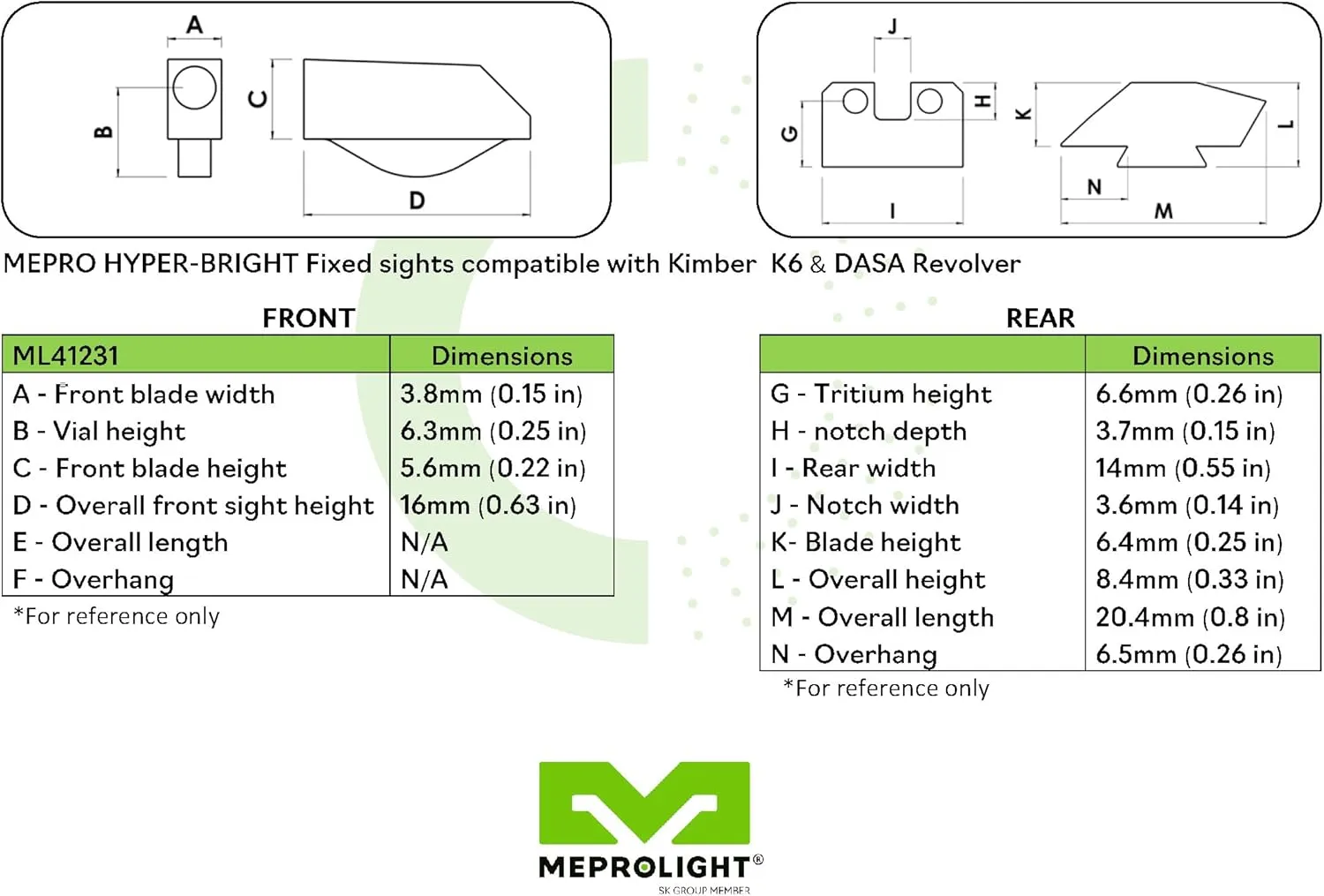 MEPRO Hyper-Bright tritium Night Sights Compatible with Kimber, Green tritium dots,Extra Bright Colored Front photoluminescent Night Sight, U Notch Rear Glow on Sights by Meprolight