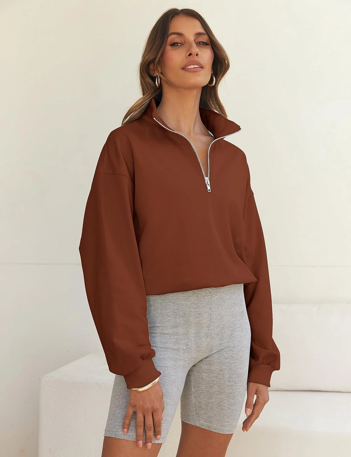 MEROKEETY Women's Quarter Zip Crop Sweatshirt Long Sleeve Stand Collar Drawstring Casual Pullover Top