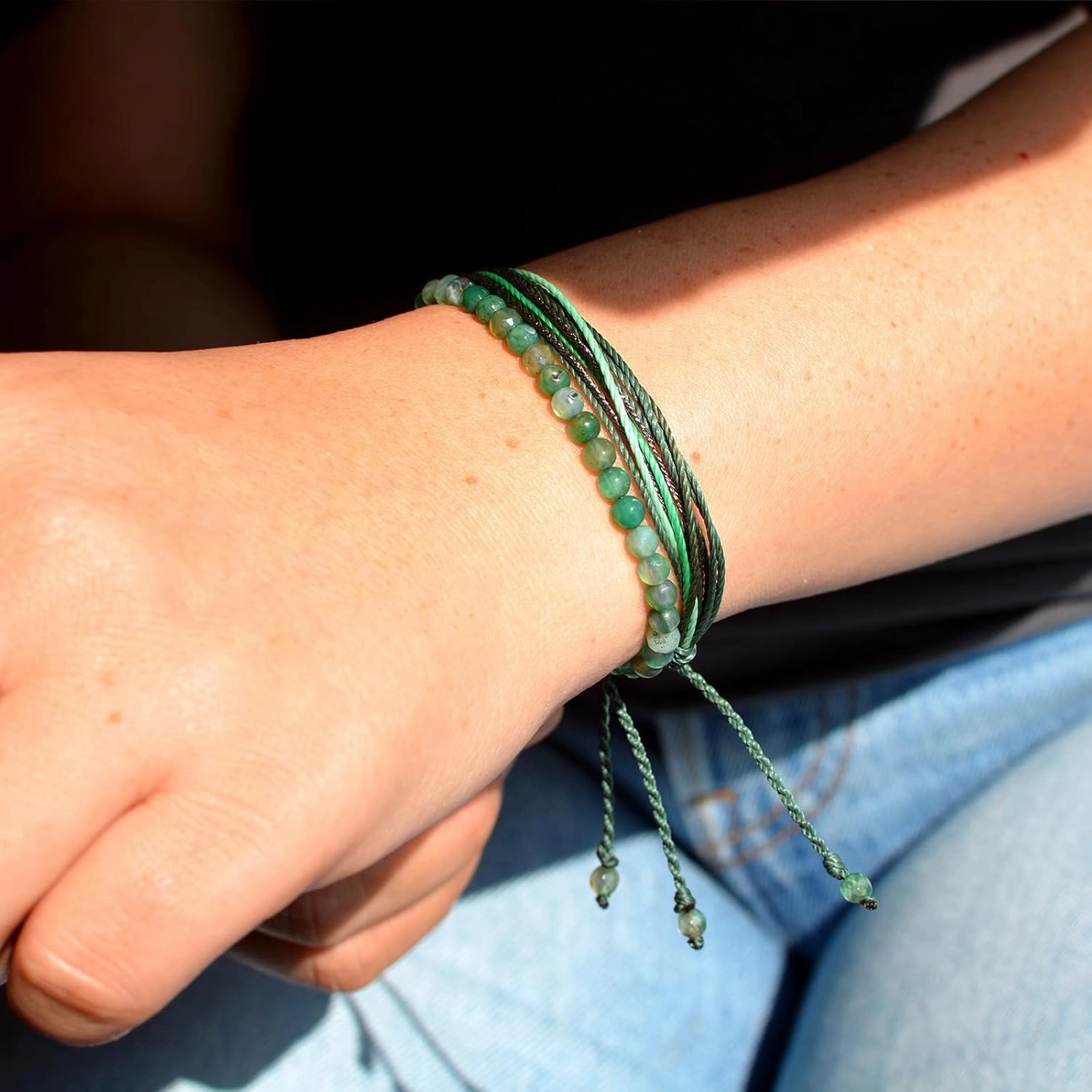 Mezcla Vida Agate Beaded Bracelets for Women, Adjustable String Bracelets Set, Boho Style Natural Stone Bracelets for Women, Gift for Friend (Green, 2)