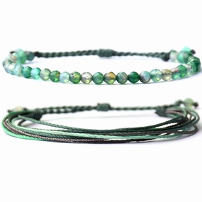 Mezcla Vida Agate Beaded Bracelets for Women, Adjustable String Bracelets Set, Boho Style Natural Stone Bracelets for Women, Gift for Friend (Green, 2)