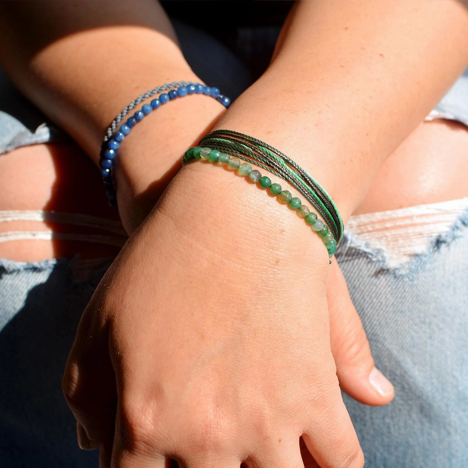 Mezcla Vida Agate Beaded Bracelets for Women, Adjustable String Bracelets Set, Boho Style Natural Stone Bracelets for Women, Gift for Friend (Green, 2)