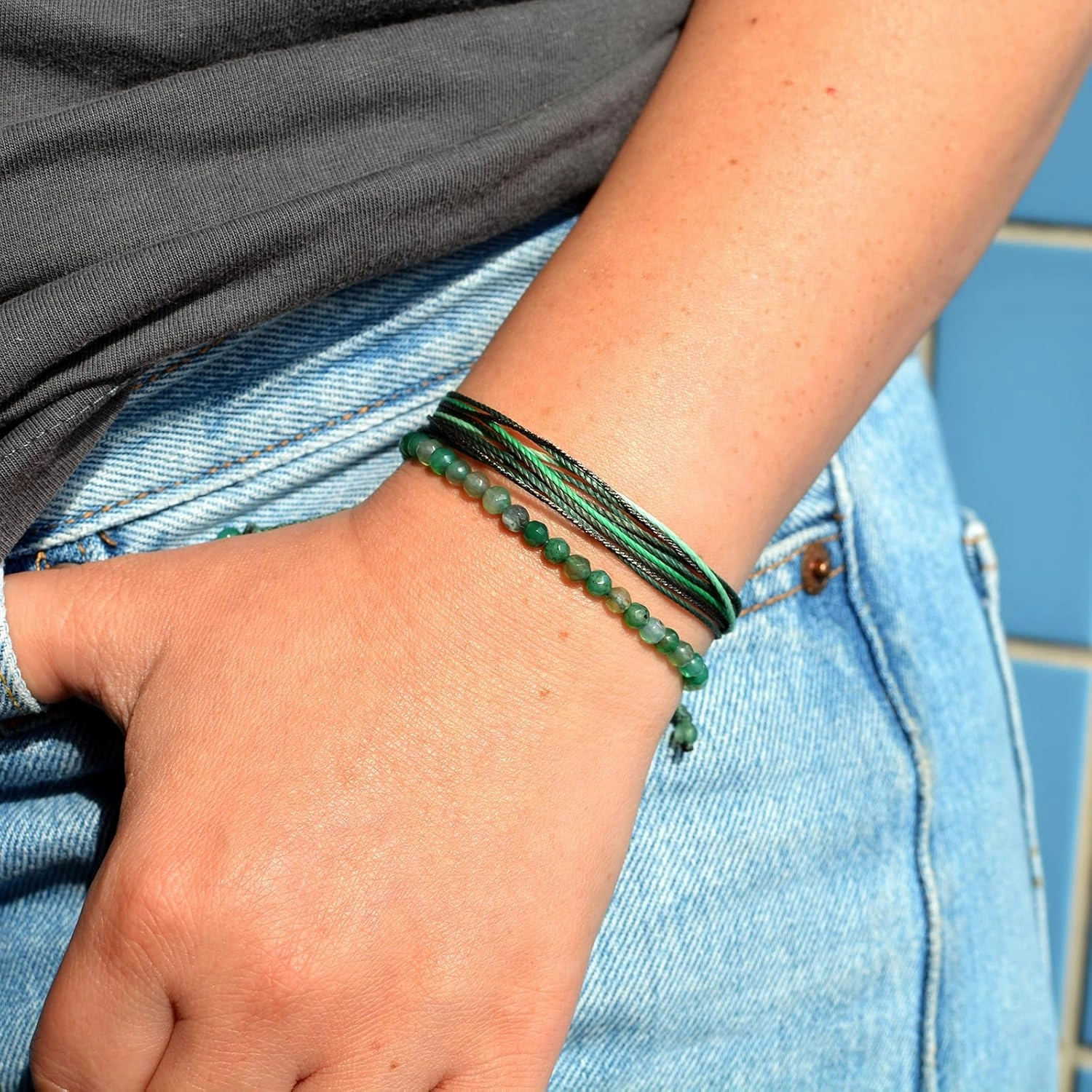 Mezcla Vida Agate Beaded Bracelets for Women, Adjustable String Bracelets Set, Boho Style Natural Stone Bracelets for Women, Gift for Friend (Green, 2)