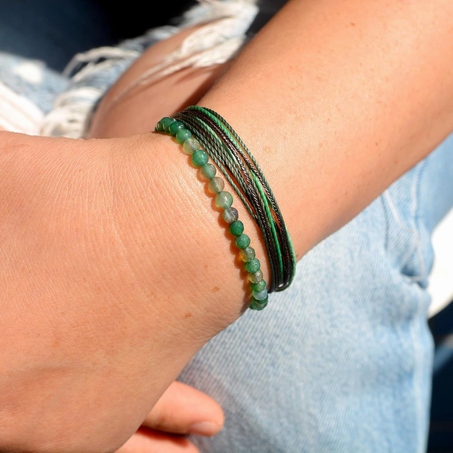 Mezcla Vida Agate Beaded Bracelets for Women, Adjustable String Bracelets Set, Boho Style Natural Stone Bracelets for Women, Gift for Friend (Green, 2)