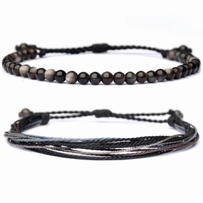 Mezcla Vida Natural Stone Beaded Bracelets for Men Women Unisex Adjustable Waterproof Rope Bracelets Set Valentine's Day Birthday Gifts for Boyfriend Husband Him (Silver Obsidian)