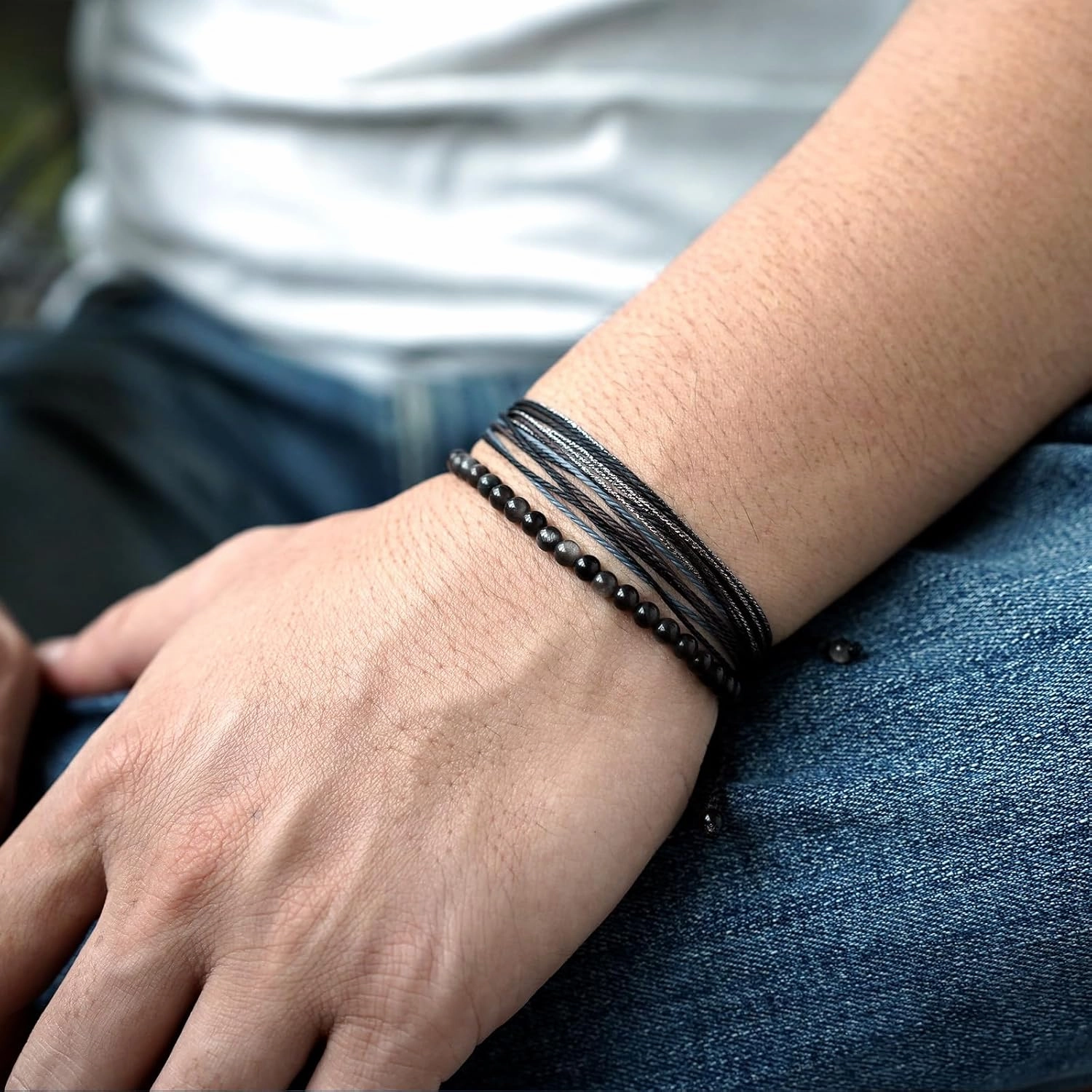 Mezcla Vida Natural Stone Beaded Bracelets for Men Women Unisex Adjustable Waterproof Rope Bracelets Set Valentine's Day Birthday Gifts for Boyfriend Husband Him (Silver Obsidian)